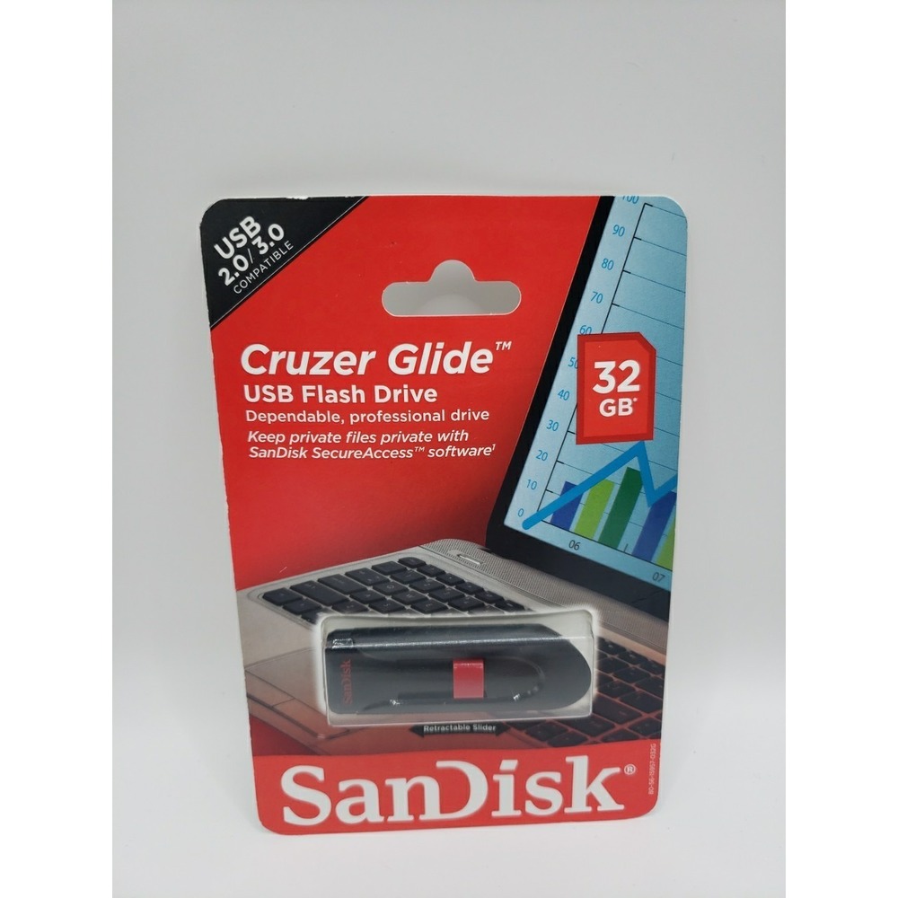 32GB Sandisk Cruzer Glide USB 2.0/3.0 Flash Drive Black/Red Sliding USB NEW